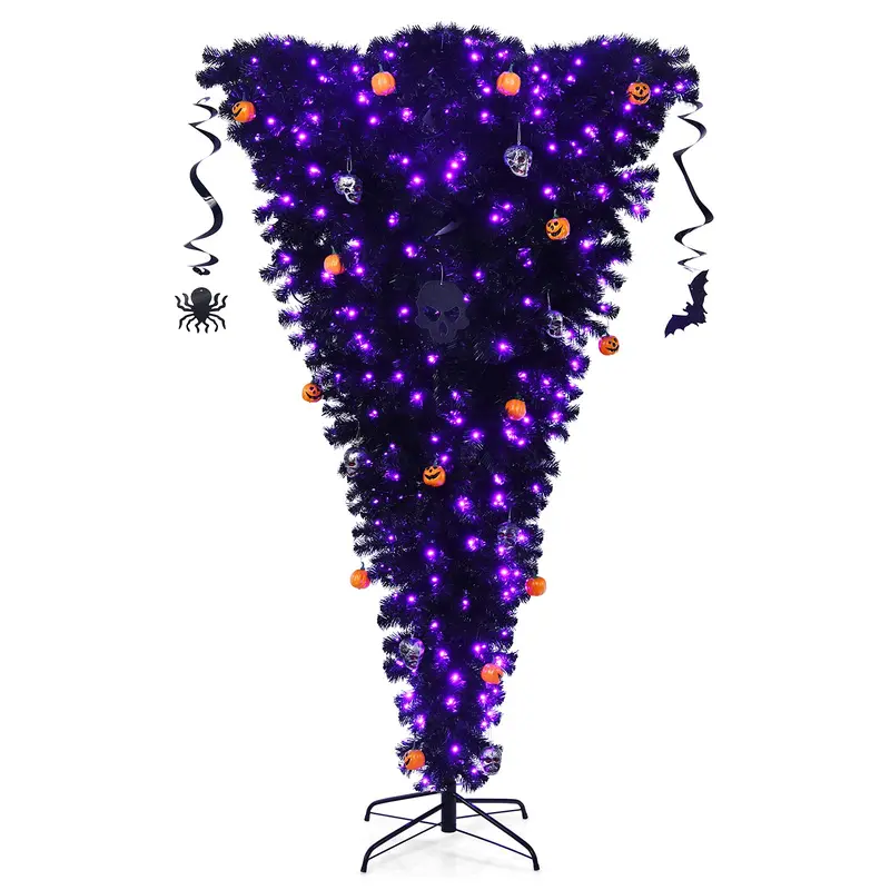 Inverted Black Halloween Christmas Tree – Pre-Lit Upside-Down Artificial Pine with Hinged Design