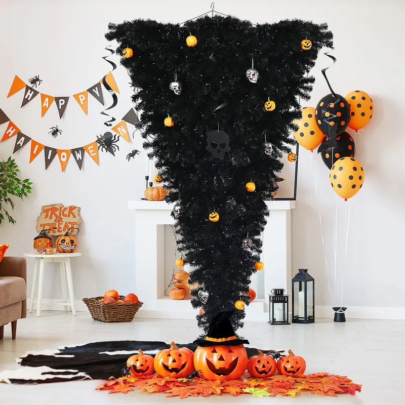 Inverted Black Halloween Christmas Tree – Pre-Lit Upside-Down Artificial Pine with Hinged Design 2