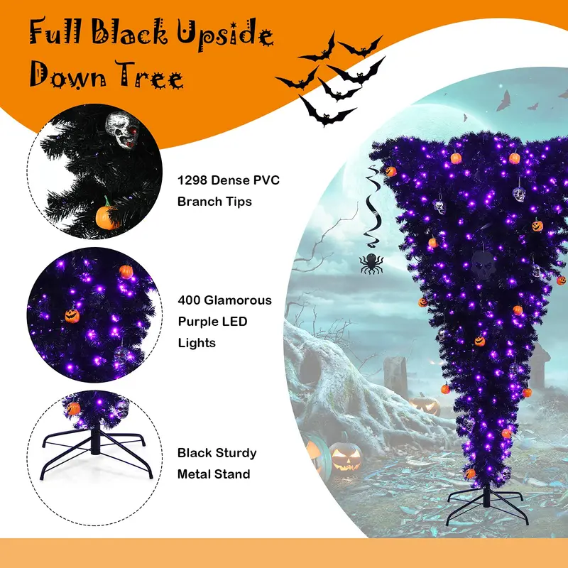 Inverted Black Halloween Christmas Tree – Pre-Lit Upside-Down Artificial Pine with Hinged Design