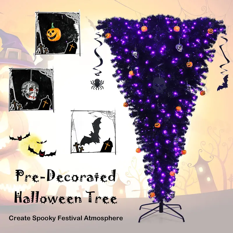 Inverted Black Halloween Christmas Tree – Pre-Lit Upside-Down Artificial Pine with Hinged Design