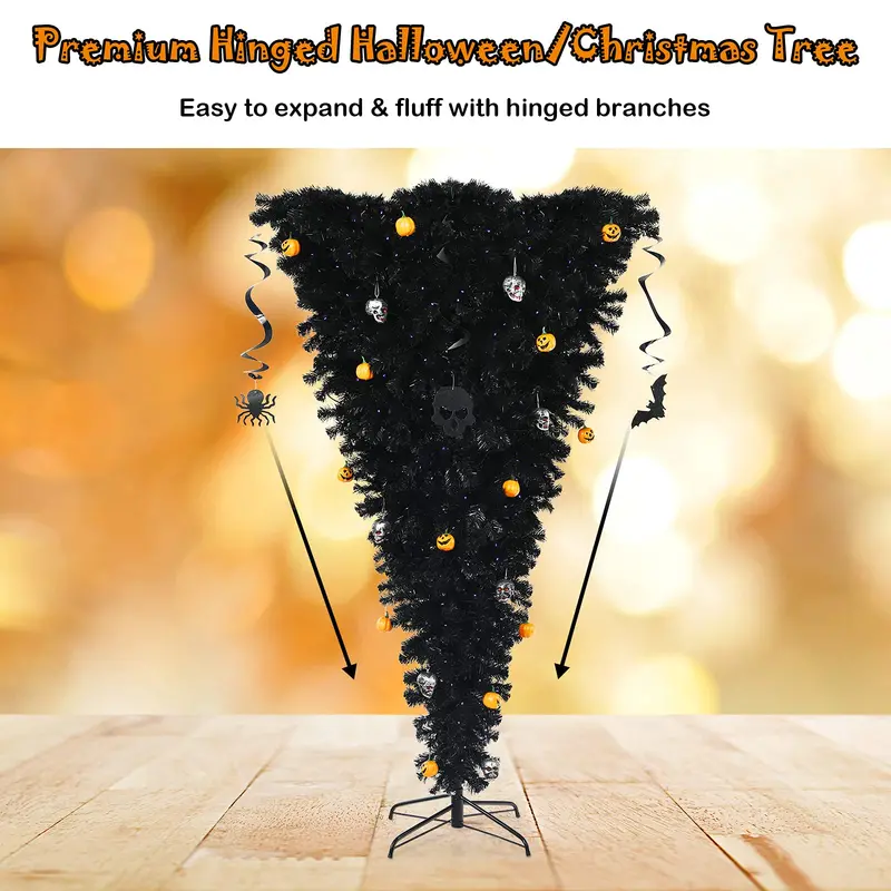 Inverted Black Halloween Christmas Tree – Pre-Lit Upside-Down Artificial Pine with Hinged Design