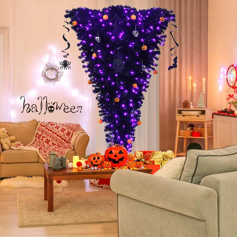 Inverted Black Halloween Christmas Tree – Pre-Lit Upside-Down Artificial Pine with Hinged Design