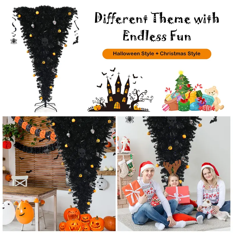 Inverted Black Halloween Christmas Tree – Pre-Lit Upside-Down Artificial Pine with Hinged Design