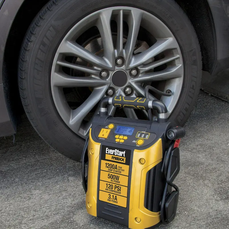 J5CPDE All-in-One Jump Starter & Power Station – 1200A Peak, 500W Pure Sine Wave Inverter, 120 PSI Air Compressor