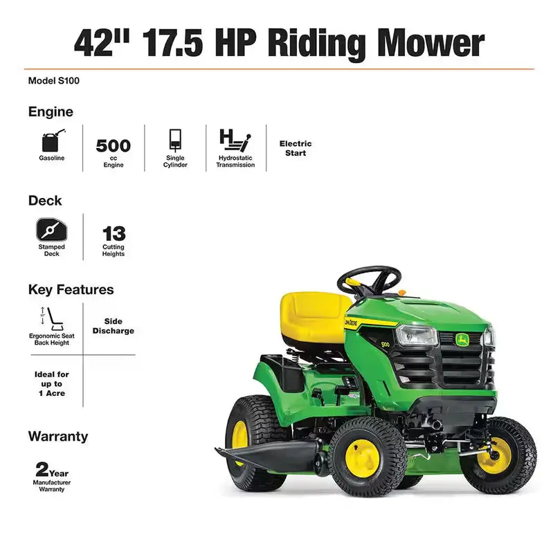 John Deere S100 42" Gas-Powered Riding Lawn Mower – 17.5 HP V-Twin Engine, Hydrostatic Transmission