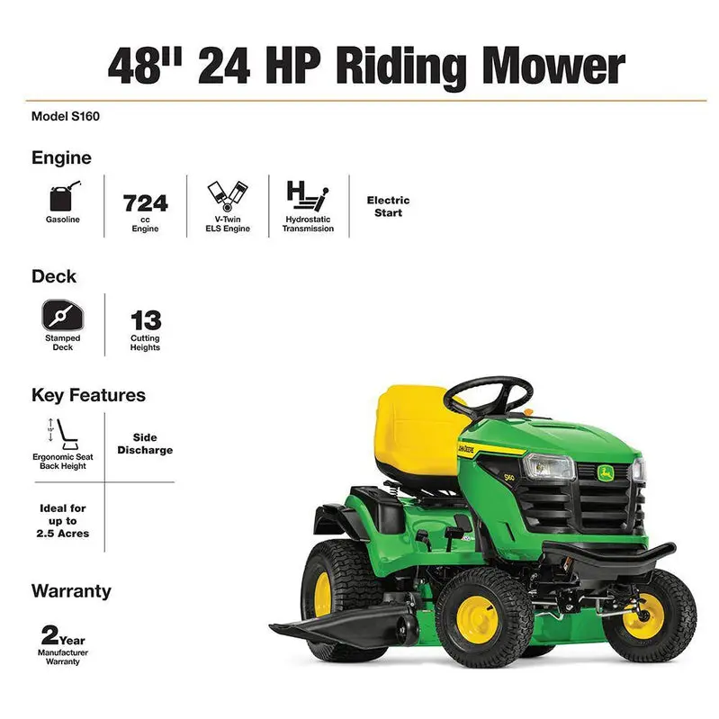 John Deere S160 48" Premium Gas Tractor – 24 HP V-Twin, Enhanced Lawn Coverage, Smooth Hydrostatic Control