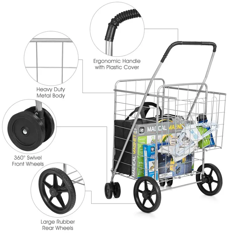 Jumbo Capacity Folding Shopping Cart – Multi-Use Carrier for Groceries, Luggage & More