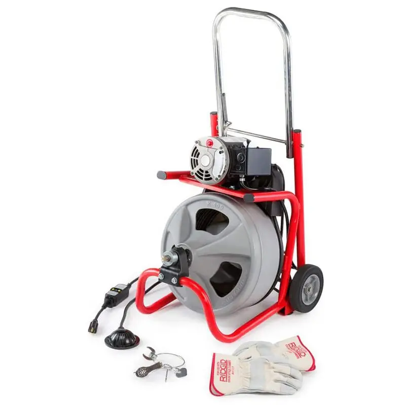 K-400 Electric Drain Auger – 120V Drum Machine with 3/8" x 75' Cable, C-32IW Cutter, 4-Piece Accessory Set, and Protective Gloves