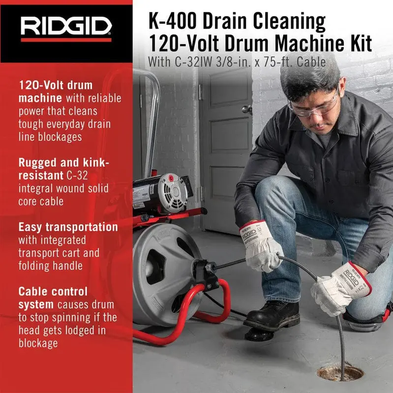 K-400 Electric Drain Auger – 120V Drum Machine with 3/8" x 75' Cable, C-32IW Cutter, 4-Piece Accessory Set, and Protective Gloves