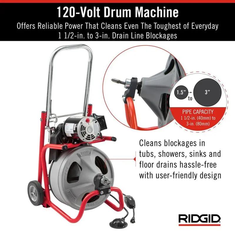K-400 Electric Drain Auger – 120V Drum Machine with 3/8" x 75' Cable, C-32IW Cutter, 4-Piece Accessory Set, and Protective Gloves