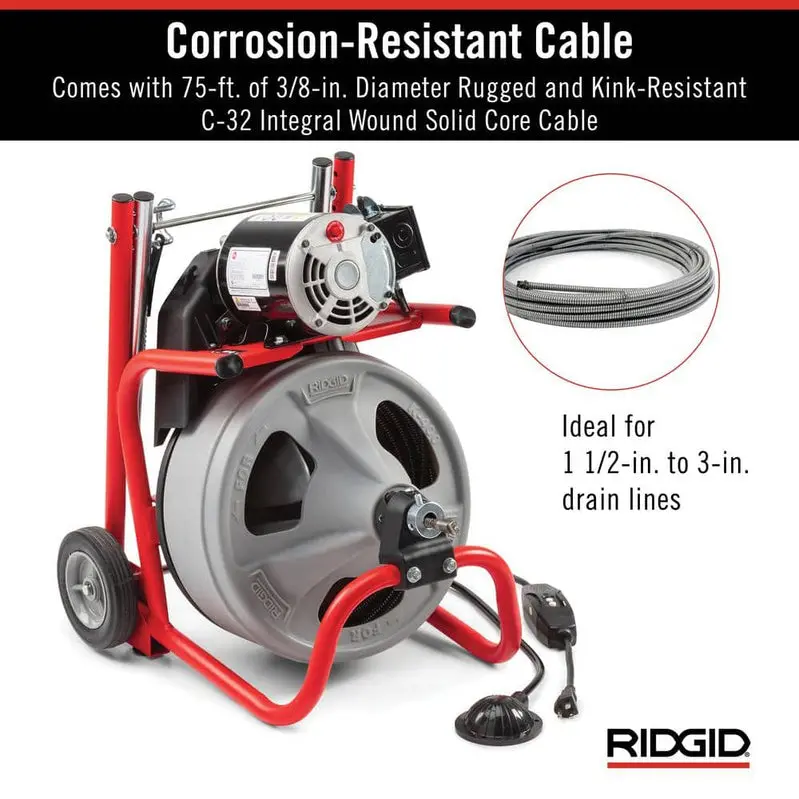 K-400 Electric Drain Auger – 120V Drum Machine with 3/8" x 75' Cable, C-32IW Cutter, 4-Piece Accessory Set, and Protective Gloves