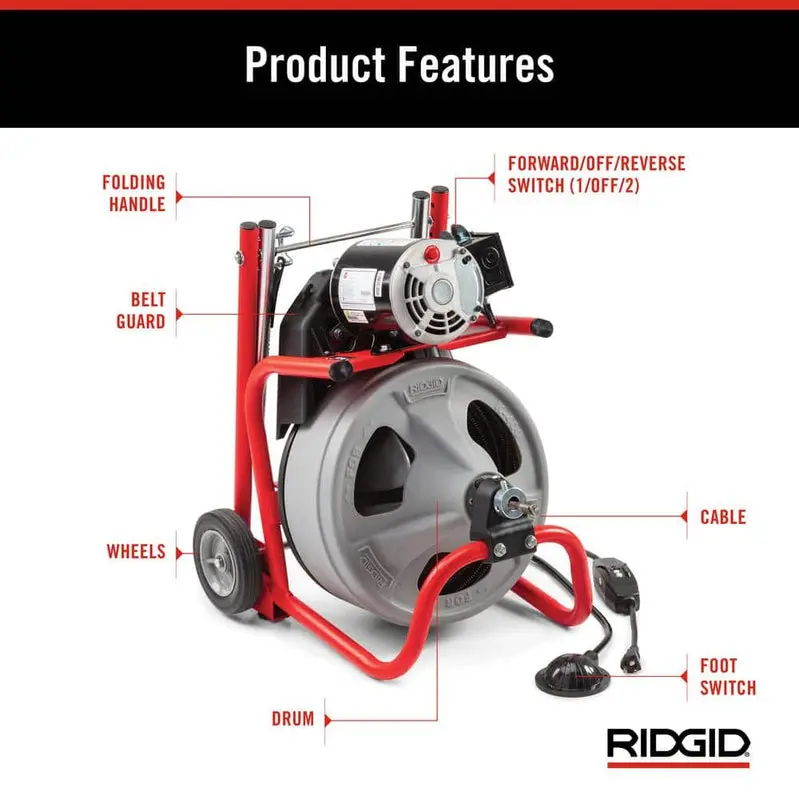 K-400 Electric Drain Auger – 120V Drum Machine with 3/8" x 75' Cable, C-32IW Cutter, 4-Piece Accessory Set, and Protective Gloves