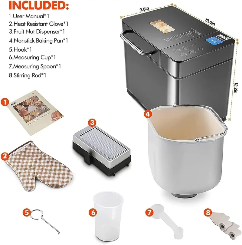 KBS 17-in-1 Stainless Steel Bread Maker – Dual Heating Elements, Custom Baking Options