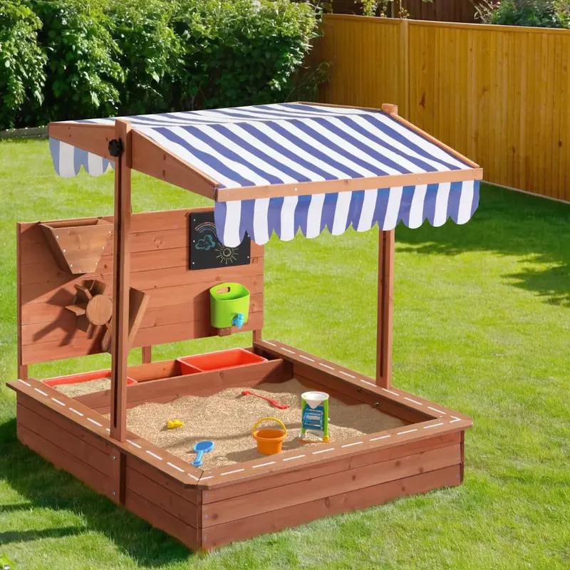 Keezi Adjustable Wooden Sandpit with Canopy Cover & Play Accessories for Kids