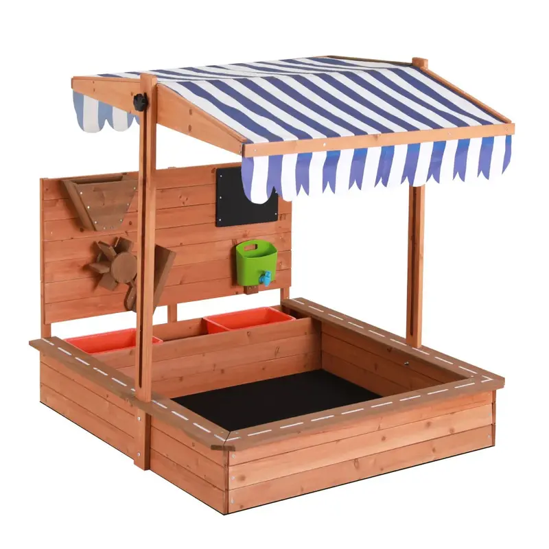 Keezi Adjustable Wooden Sandpit with Canopy Cover & Play Accessories for Kids 2