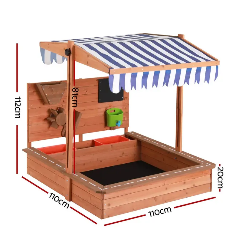 Keezi Adjustable Wooden Sandpit with Canopy Cover & Play Accessories for Kids