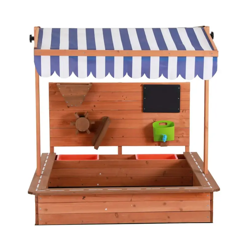 Keezi Adjustable Wooden Sandpit with Canopy Cover & Play Accessories for Kids