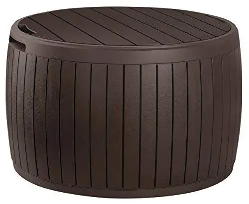 Keter Circa 37-Gallon Round Deck Box – Weather-Resistant Patio Storage Table in Brown Finish