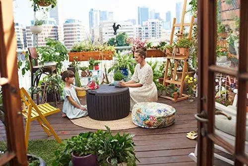 Keter Circa 37-Gallon Round Deck Box – Weather-Resistant Patio Storage Table in Brown Finish