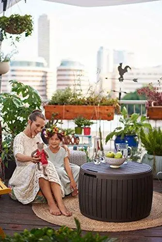 Keter Circa 37-Gallon Round Deck Box – Weather-Resistant Patio Storage Table in Brown Finish
