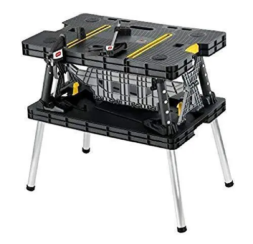 Keter Folding Miter Saw Stand Workbench – 12" Wood Clamps Included, Compact Garage Storage (Black/Yellow)