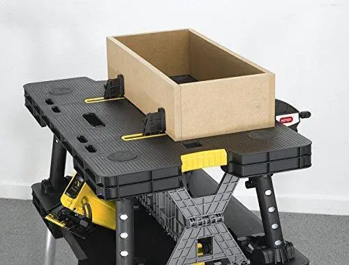 Keter Folding Miter Saw Stand Workbench – 12" Wood Clamps Included, Compact Garage Storage (Black/Yellow)
