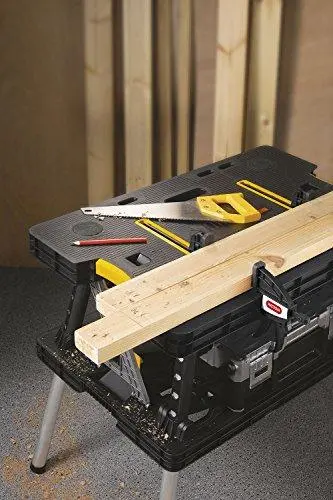Keter Folding Miter Saw Stand Workbench – 12" Wood Clamps Included, Compact Garage Storage (Black/Yellow)