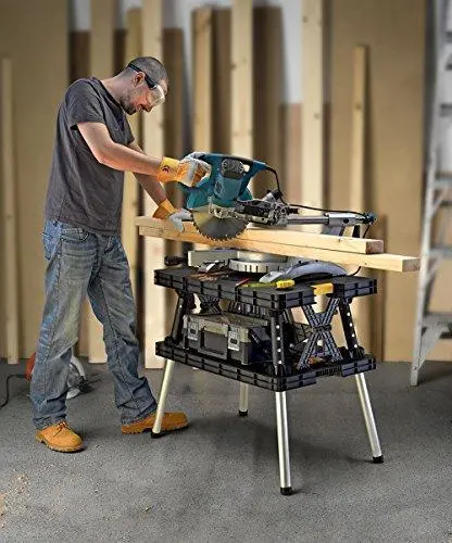 Keter Folding Miter Saw Stand Workbench – 12" Wood Clamps Included, Compact Garage Storage (Black/Yellow)