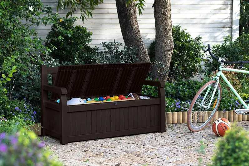 Keter Solana 70-Gallon Outdoor Storage Bench – Weather-Resistant Deck Box for Patio, Garden & Pool Gear