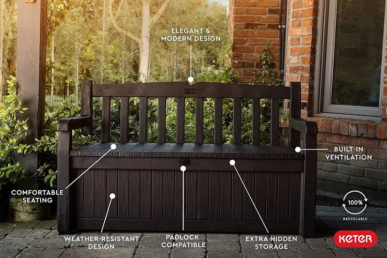 Keter Solana 70-Gallon Outdoor Storage Bench – Weather-Resistant Deck Box for Patio, Garden & Pool Gear
