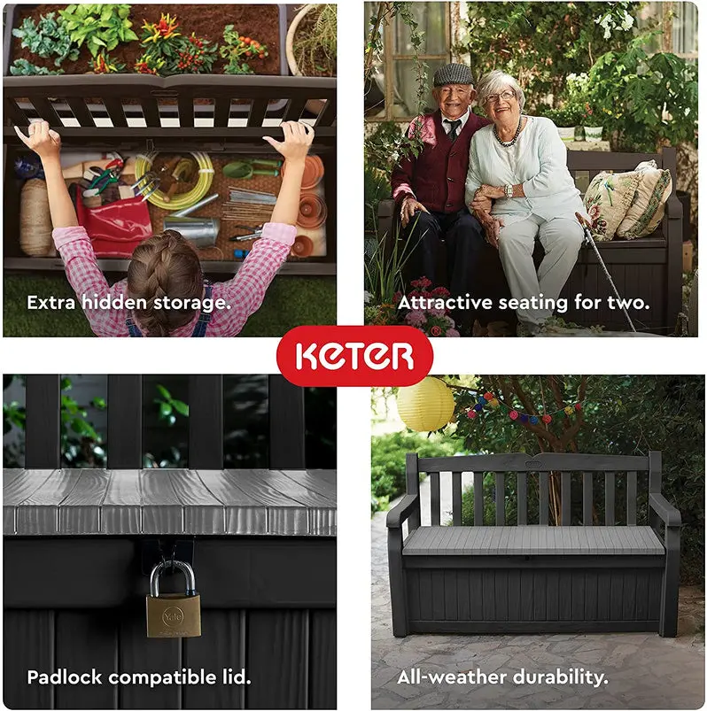 Keter Solana 70-Gallon Outdoor Storage Bench – Weather-Resistant Deck Box for Patio, Garden & Pool Gear