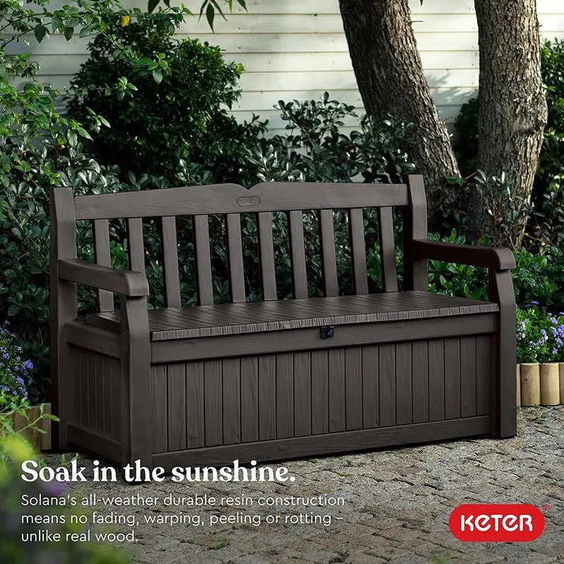 Keter Solana 70-Gallon Outdoor Storage Bench – Weather-Resistant Deck Box for Patio, Garden & Pool Gear