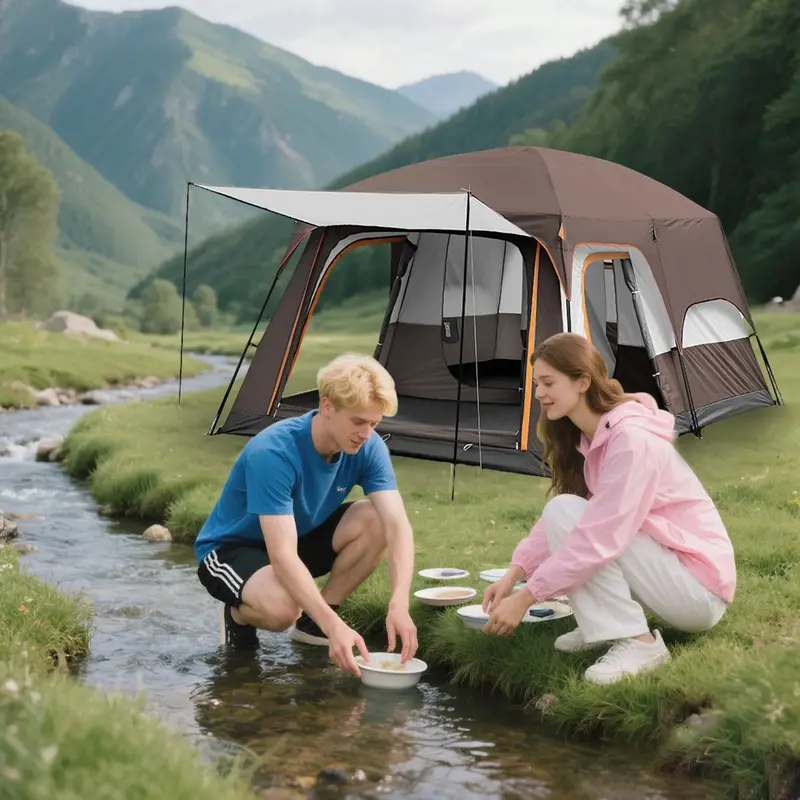 KFeng 12-Person 2-Room Camping Tent – Brown Outdoor Family Tent with 3 Doors, 3 Windows & Breathable Mesh Ventilation