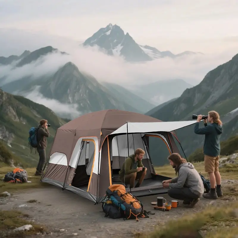 KFeng 12-Person 2-Room Camping Tent – Brown Outdoor Family Tent with 3 Doors, 3 Windows & Breathable Mesh Ventilation
