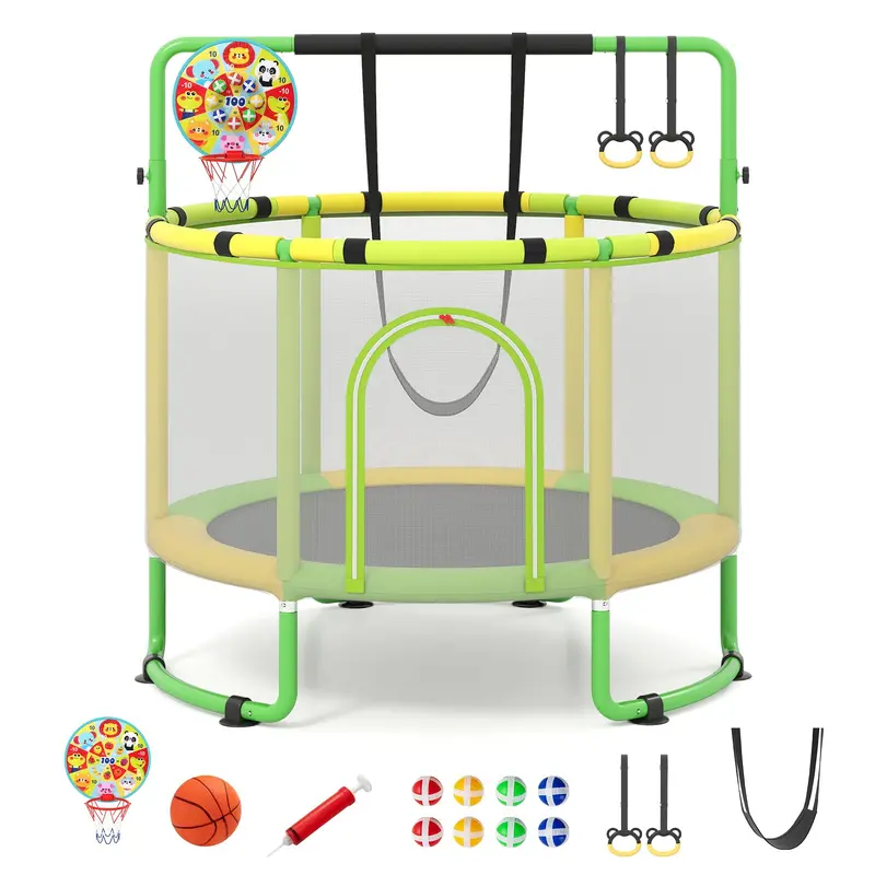 Kids’ Trampoline with Safety Enclosure – Includes Adjustable Gymnastics Bar, Swing & Basketball Hoop