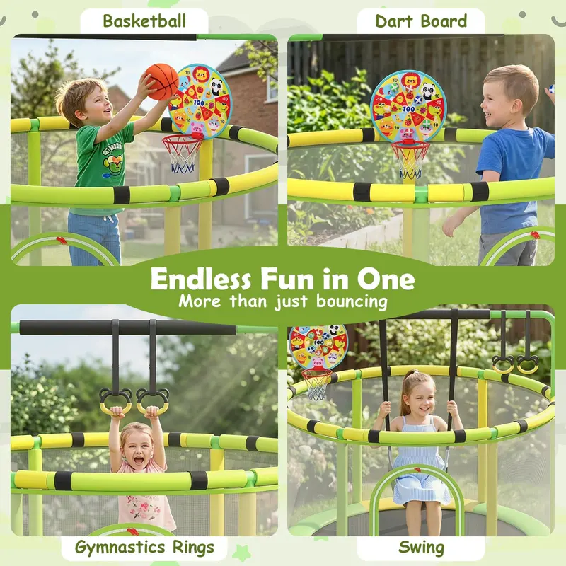 Kids’ Trampoline with Safety Enclosure – Includes Adjustable Gymnastics Bar, Swing & Basketball Hoop 2