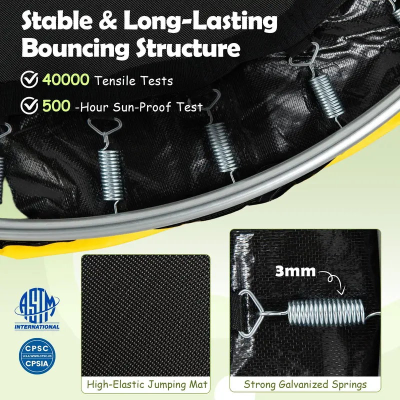 Kids’ Trampoline with Safety Enclosure – Includes Adjustable Gymnastics Bar, Swing & Basketball Hoop