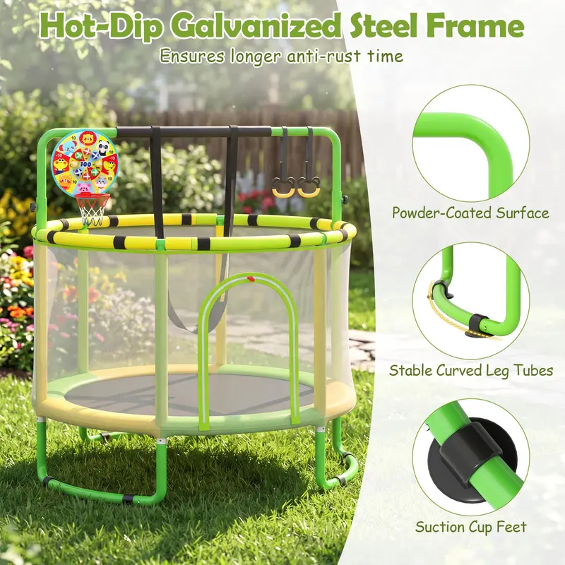 Kids’ Trampoline with Safety Enclosure – Includes Adjustable Gymnastics Bar, Swing & Basketball Hoop