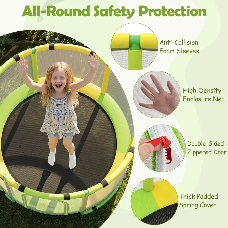 Kids’ Trampoline with Safety Enclosure – Includes Adjustable Gymnastics Bar, Swing & Basketball Hoop