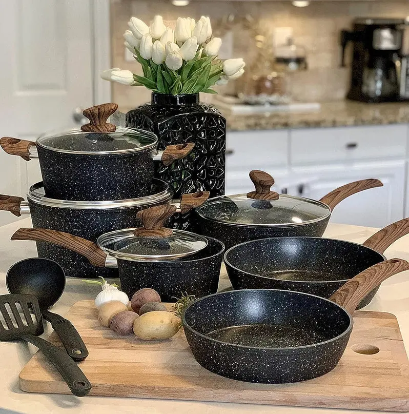 Kitchen Academy 12-Piece Granite Nonstick Induction Cookware Set – Eco-Friendly Green Finish