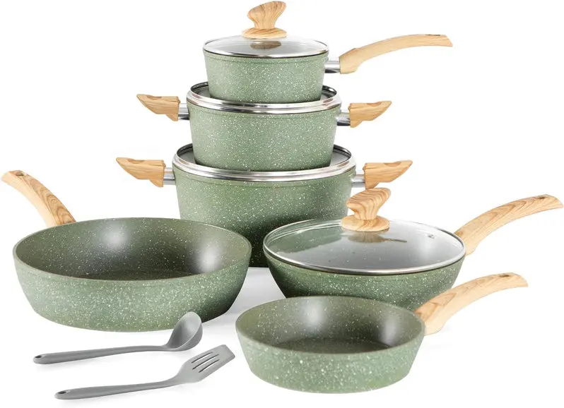 Kitchen Academy 12-Piece Granite Nonstick Induction Cookware Set – Eco-Friendly Green Finish