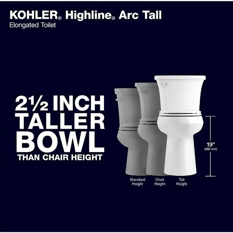 KOHLER Highline Arc Extra-Tall 2-Piece Elongated Toilet – 1.28 GPF Single-Flush, White (Seat Included) Model 78305-0