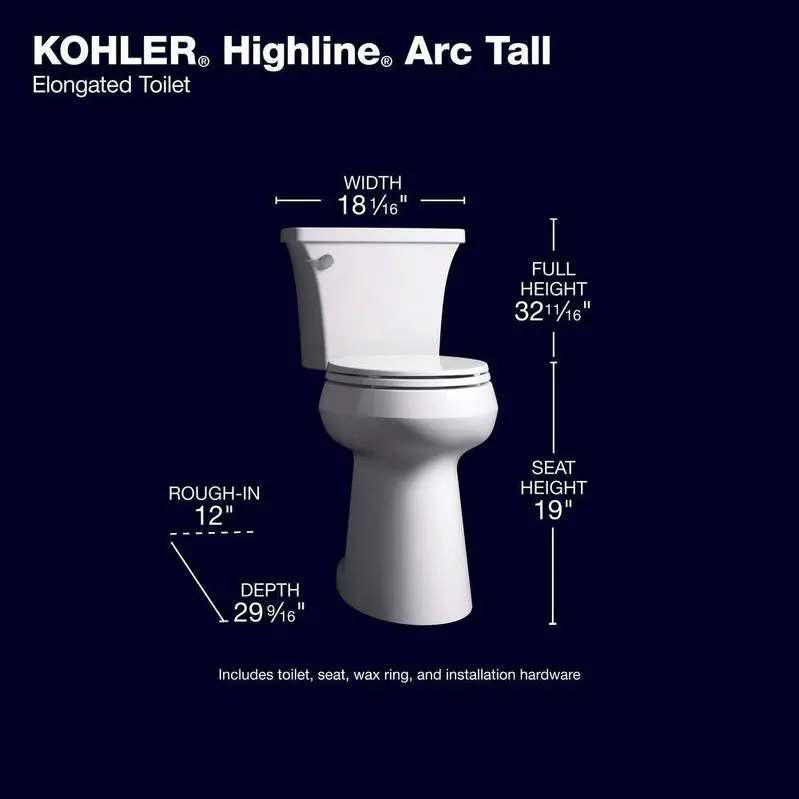 KOHLER Highline Arc Tall-Height 2-Piece Elongated Toilet – 1.28 GPF Efficient Flush, White with Integrated Seat (78305-0)