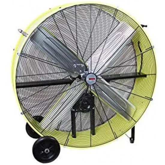 KTI Industrial Belt-Drive Drum Fan – 42-Inch, 2-Speed, Safety Yellow, with Rubber Mobility Wheels