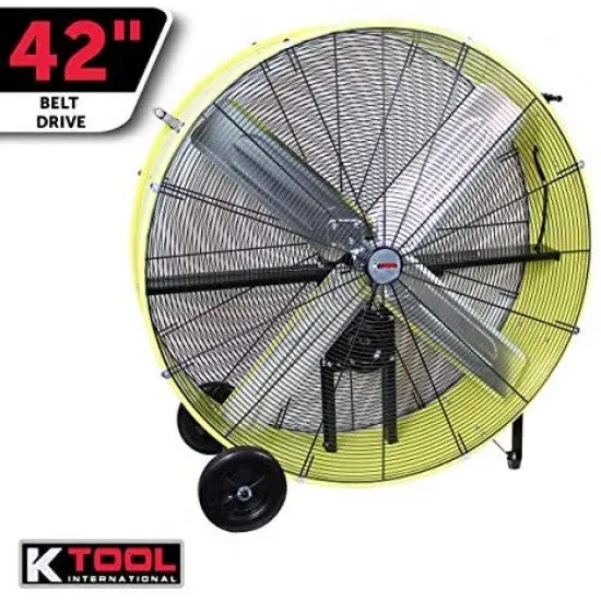 KTI Industrial Belt-Drive Drum Fan – 42-Inch, 2-Speed, Safety Yellow, with Rubber Mobility Wheels