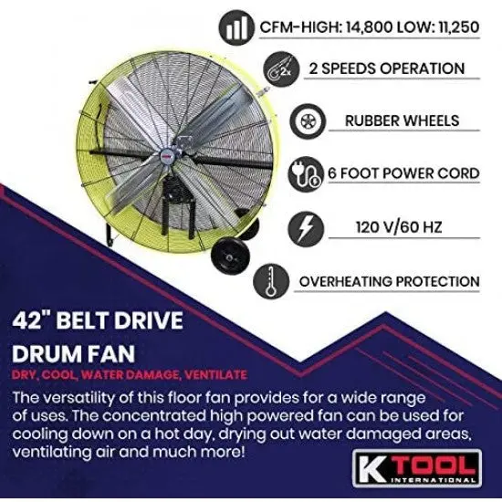 KTI Industrial Belt-Drive Drum Fan – 42-Inch, 2-Speed, Safety Yellow, with Rubber Mobility Wheels