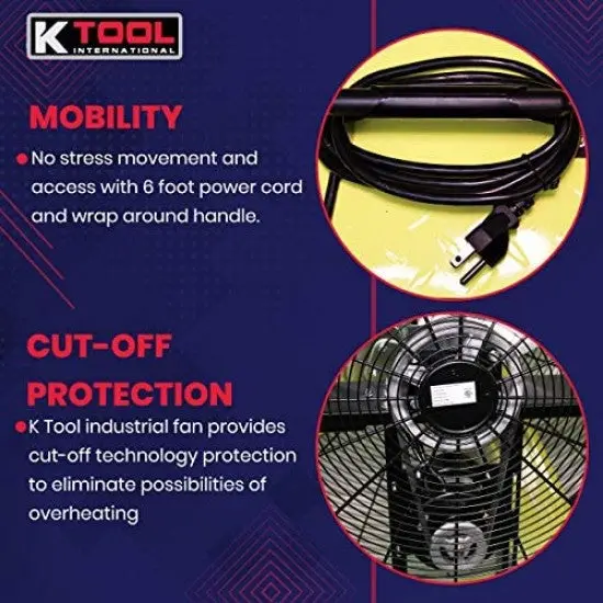 KTI Industrial Belt-Drive Drum Fan – 42-Inch, 2-Speed, Safety Yellow, with Rubber Mobility Wheels