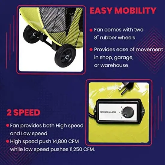 KTI Industrial Belt-Drive Drum Fan – 42-Inch, 2-Speed, Safety Yellow, with Rubber Mobility Wheels