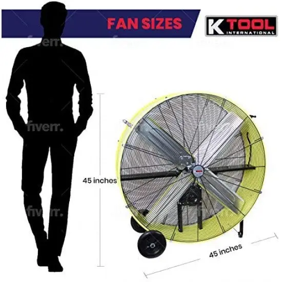 KTI Industrial Belt-Drive Drum Fan – 42-Inch, 2-Speed, Safety Yellow, with Rubber Mobility Wheels