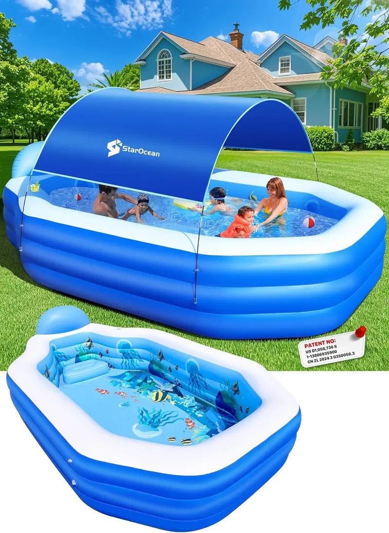Large Canopy Inflatable Pool – Blow-Up Family Swimming Pool with Built-in Seats & Backrests (118" × 75" × 22", Dark Blue)